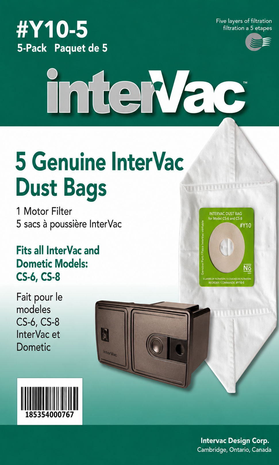 y10-5 InterVac Y10-5 Dust Bags – Pack of 5 with Motor Filter - Image 1